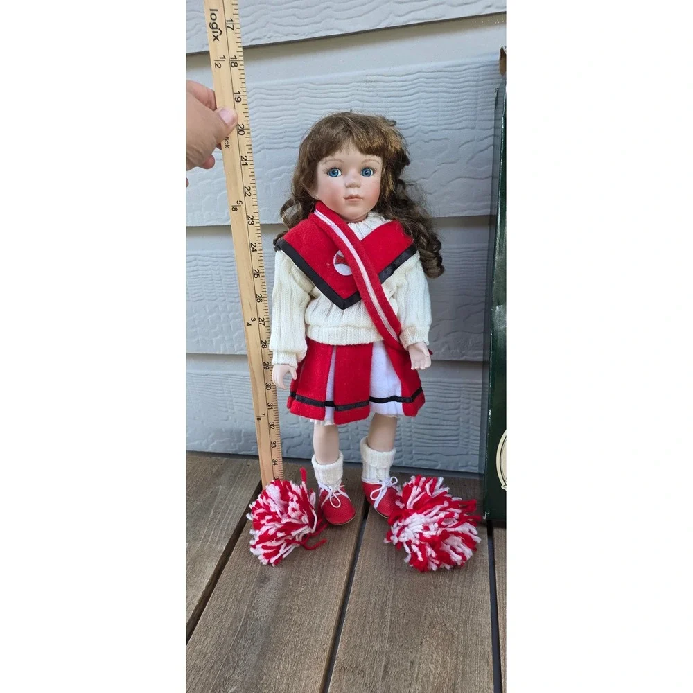 Geppeddo Porcelain Collector Doll Brunette Cheerleader Red White Uniform 16 inch